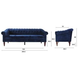 Canapé fixe 3 places Chesterfield - Velours bleu pétrole et pieds en bois - L 203,5 x P 80,5 x H 80 cm - LIAM