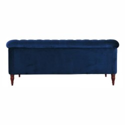 Canapé fixe 3 places Chesterfield - Velours bleu pétrole et pieds en bois - L 203,5 x P 80,5 x H 80 cm - LIAM