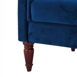 Canapé fixe 3 places Chesterfield - Velours bleu pétrole et pieds en bois - L 203,5 x P 80,5 x H 80 cm - LIAM