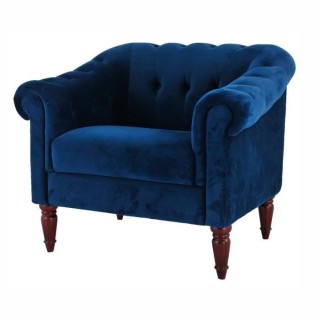 LIAM Fauteuil Chesterfield - Velours bleu pétrol et pieds en bois - L