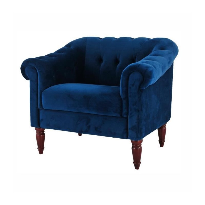 LIAM Fauteuil Chesterfield - Velours bleu pétrol et pieds en bois - L 93,5 x P 80,5 x H 80 cm