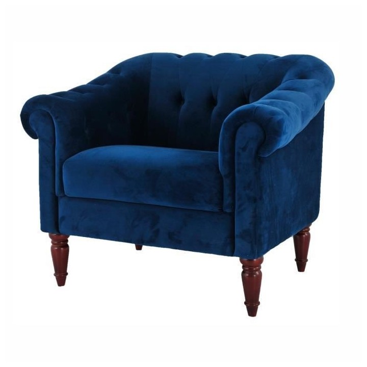 LIAM Fauteuil Chesterfield - Velours bleu pétrol et pieds en bois - L