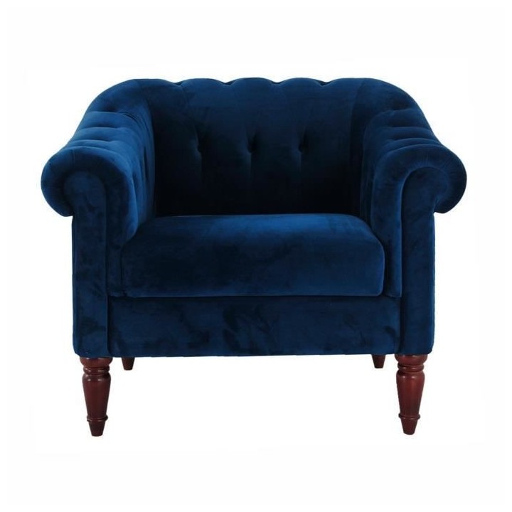 LIAM Fauteuil Chesterfield - Velours bleu pétrol et pieds en bois - L