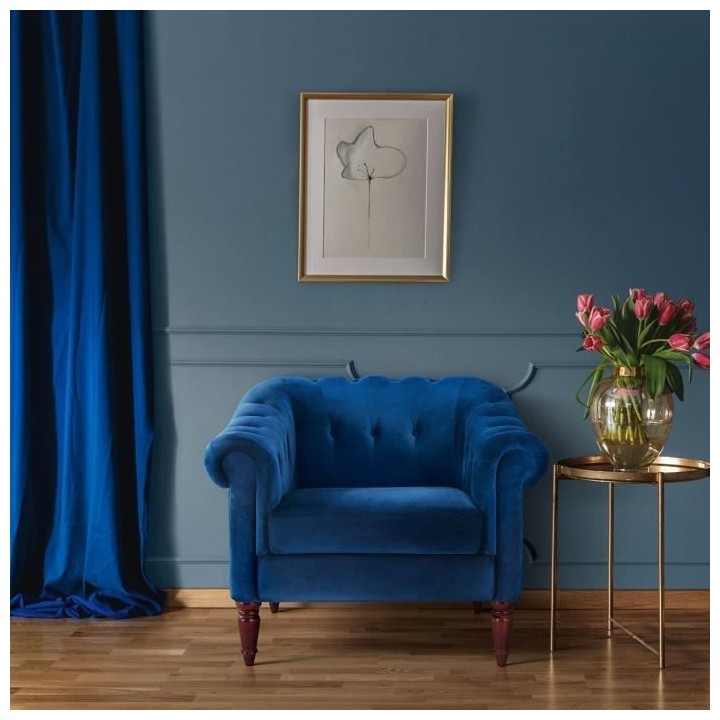 LIAM Fauteuil Chesterfield - Velours bleu pétrol et pieds en bois - L