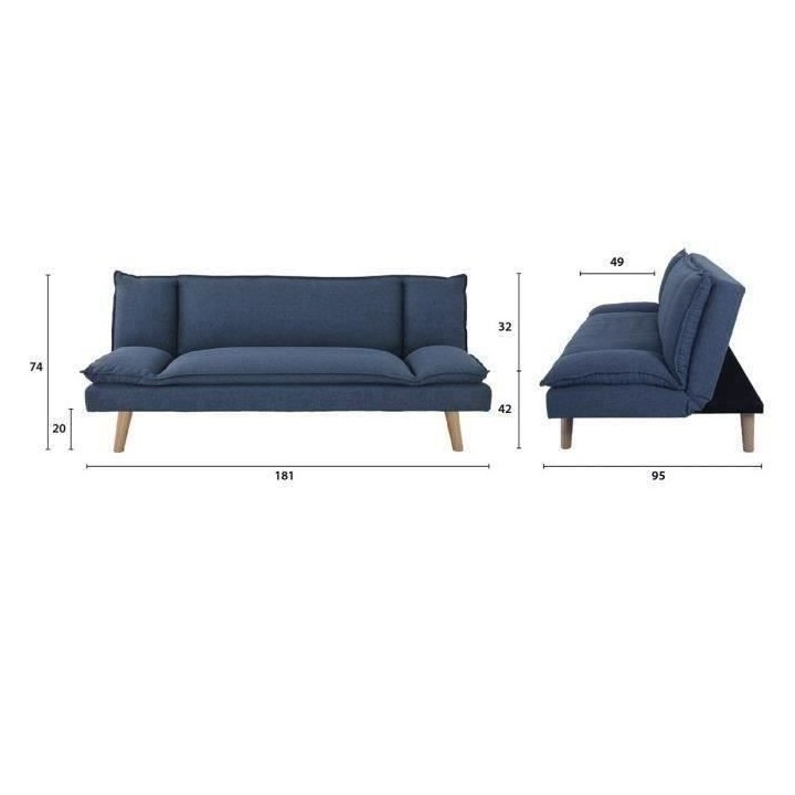 Banquette convertible clic-clac 3 places - Tissu bleu foncé et pieds