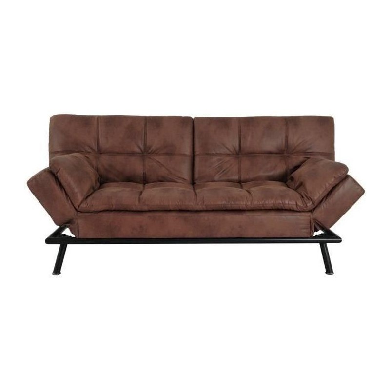 ZORA Banquette convertible clic-clac 3 places - Simili Marron et pieds en métal - L 188 x P 88 x H 88 cm