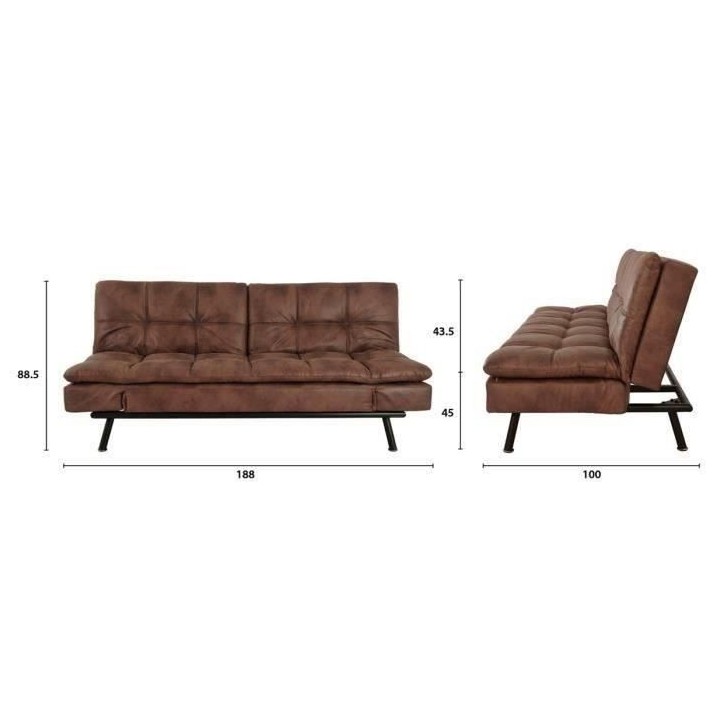 ZORA Banquette convertible clic-clac 3 places - Simili Marron et pieds