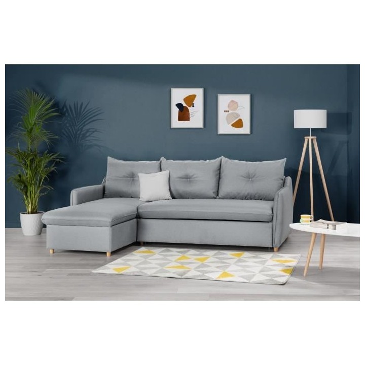 Canapé d'angle convertible et réversible 4 places - Tissu gris clair