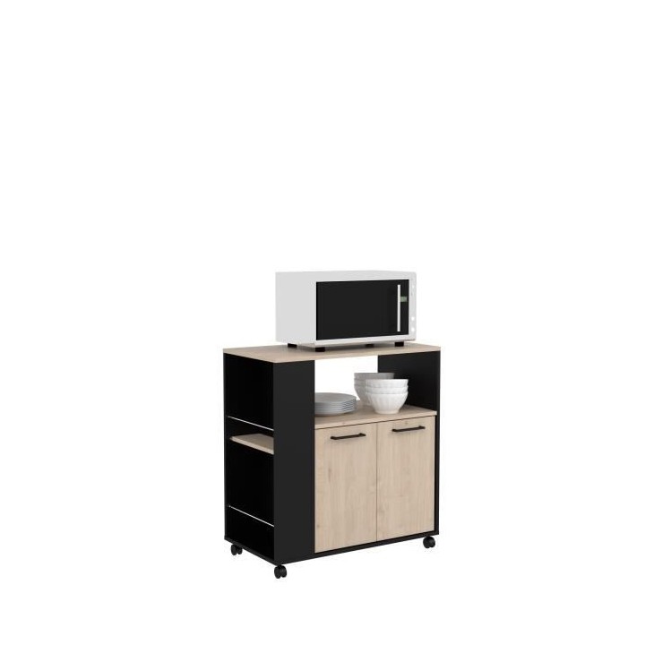 Desserte cuisine 76 IDEM - Décor chene et noir - 2 portes + 1 niche -