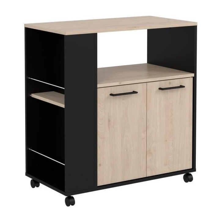 Desserte cuisine 76 IDEM - Décor chene et noir - 2 portes + 1 niche -