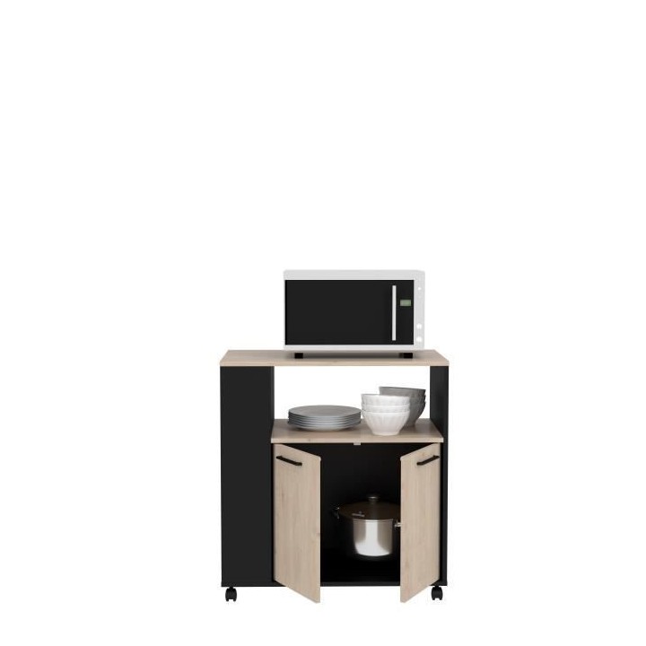 Desserte cuisine 76 IDEM - Décor chene et noir - 2 portes + 1 niche -