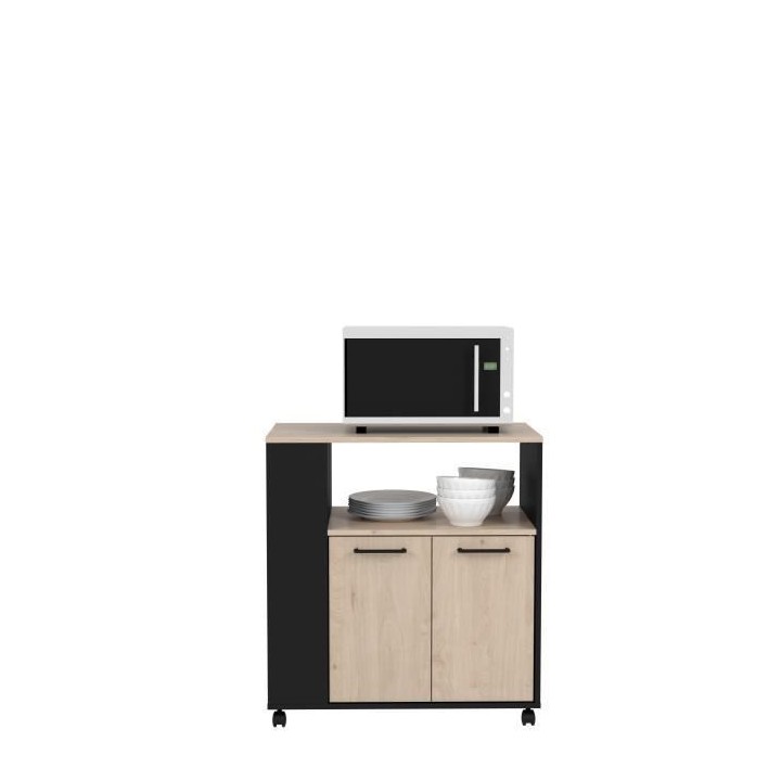 Desserte cuisine 76 IDEM - Décor chene et noir - 2 portes + 1 niche -