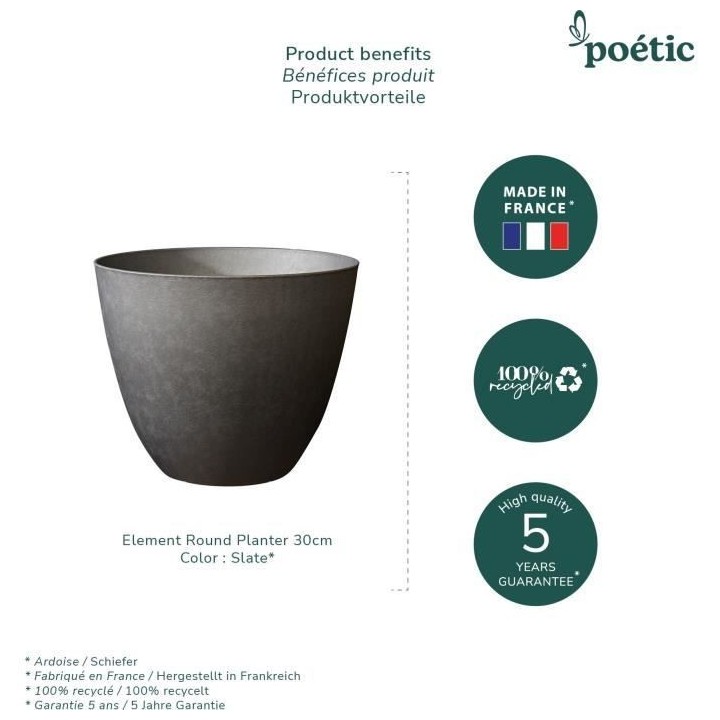 Pot de fleurs Rond d'extérieur ELEMENT, Coloris Ardoise, Ø30 cmx H.2