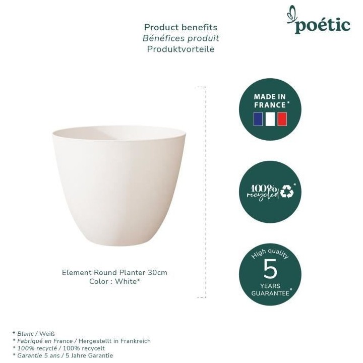 Pot de fleurs Rond d'extérieur ELEMENT, Coloris Blanc, Ø30 cmx H.23,