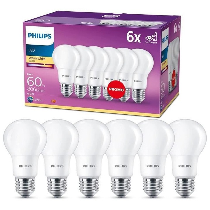 Philips, pack de 6 ampoules E27 LED 60W, blanc chaud