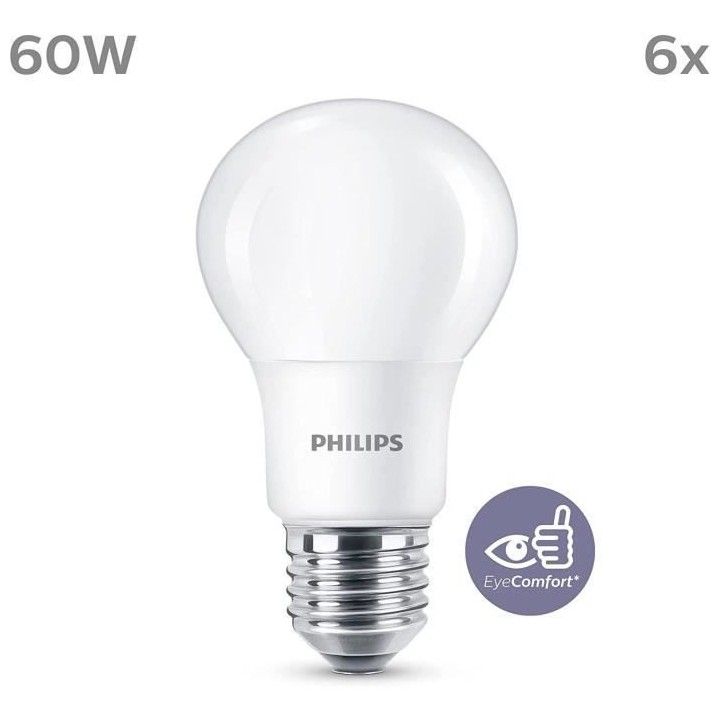 Philips, pack de 6 ampoules E27 LED 60W, blanc chaud