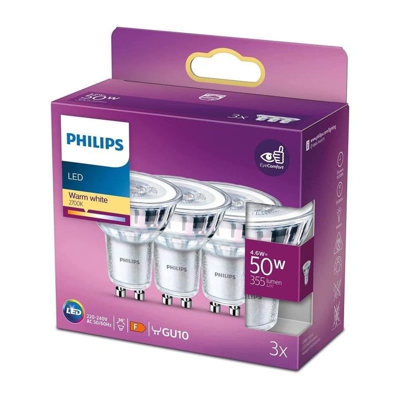 Philips, pack de 3 ampoules GU10 LED 50W, blanc chaud