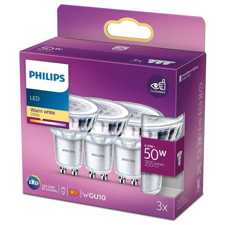 Philips, pack de 3 ampoules GU10 LED 50W, blanc chaud