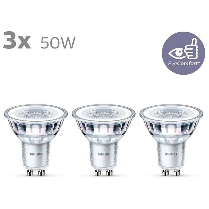 Philips, pack de 3 ampoules GU10 LED 50W, blanc chaud