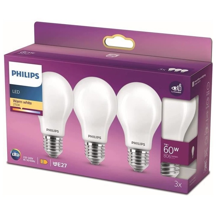 Philips, pack de 3 ampoules E27 LED 60W, blanc chaud
