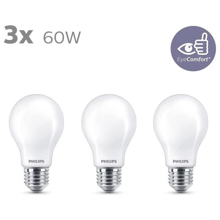 Philips, pack de 3 ampoules E27 LED 60W, blanc chaud