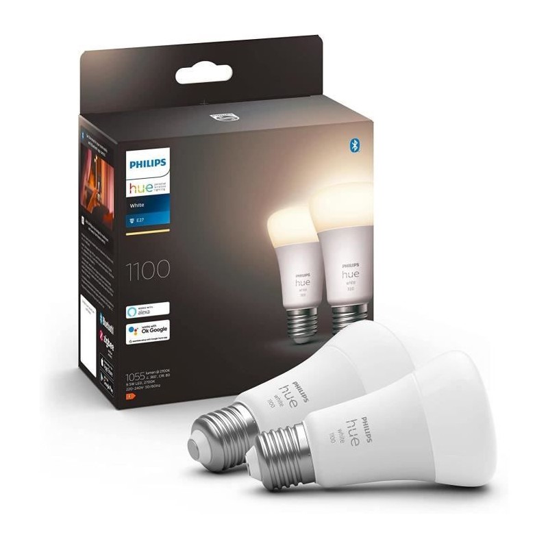 Philips Hue White, ampoule LED connectée E27, Equivalent 75W, 1100 lumen, Compatible Bluetooth, Pack de 2