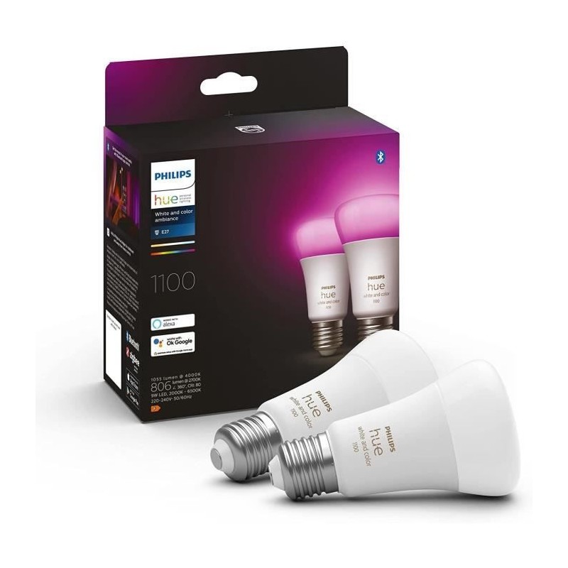 Philips Hue White & Color Ambiance, ampoule LED connectée E27,Equivalent 75W, 1100 lumen, Compatible Bluetooth, Pack de 2