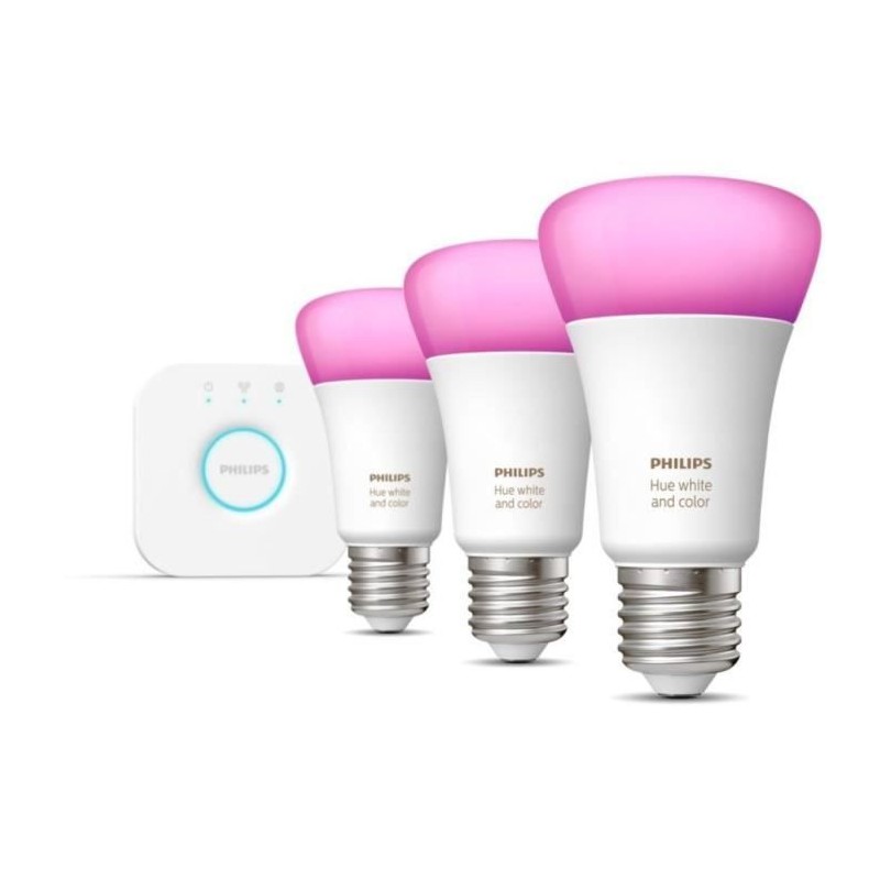 Philips Hue White and Color Ambiance, Kit de démarrage 3 ampoules E27, 75W, Bluetooth, fonctionne avec Alexa, Google et Homekit