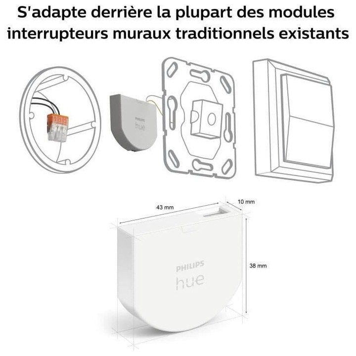 Philips Hue Module d'interrupteur mural, Pack de 2, Blanc, fonctionne