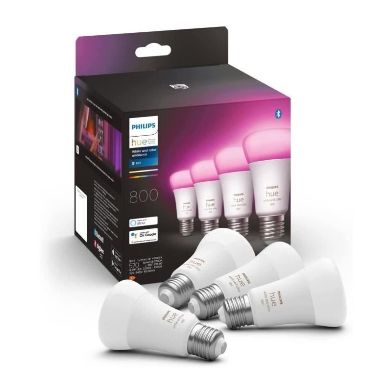 Philips Hue White & Color Ambiance, ampoule LED connectée E27, équivalent 60W, 800 lumen, Pack de 4, compatible Bluetooth