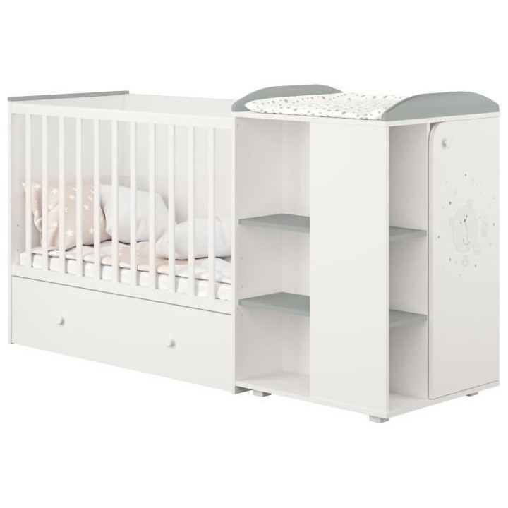 Polini - lit combine evolutif teddy blanc/gris de 60x120 cm a 90x190cm
