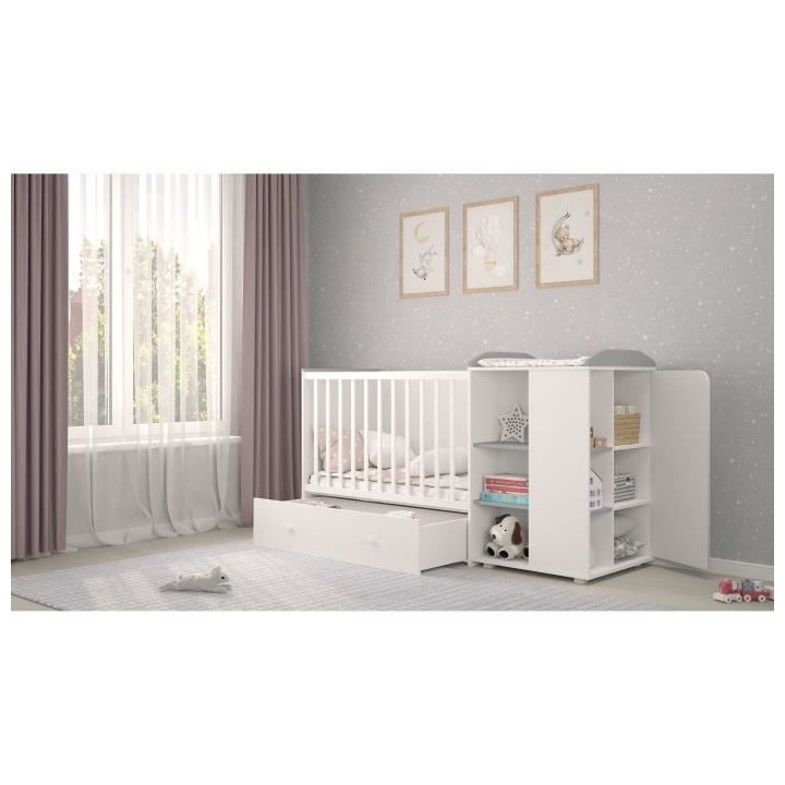 Polini - lit combine evolutif teddy blanc/gris de 60x120 cm a 90x190cm
