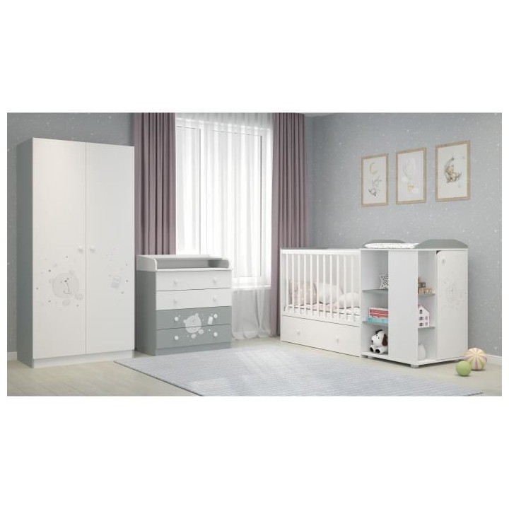 Polini - lit combine evolutif teddy blanc/gris de 60x120 cm a 90x190cm