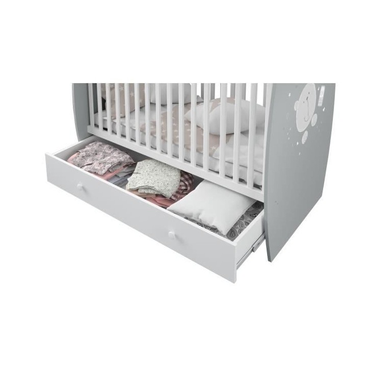 POLINI KIDS OURSON TEDDY Lit NEVA 120*60 avec tiroir blanc/gris