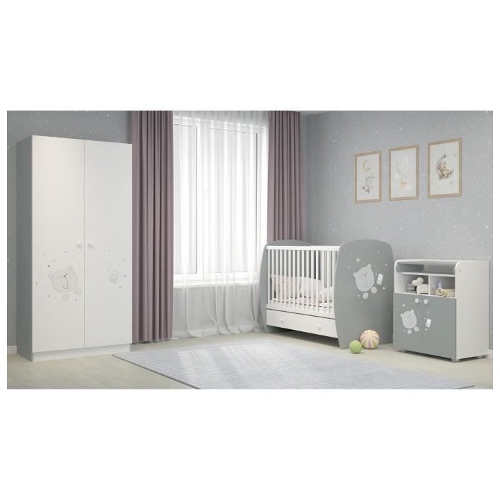 POLINI KIDS OURSON TEDDY Lit NEVA 120*60 avec tiroir blanc/gris