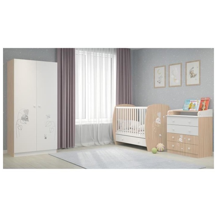POLINI KIDS AMIS ZEN Lit NEVA 120*60 avec tiroir blanc/naturel