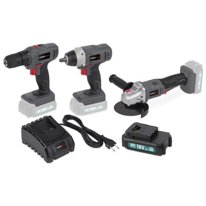 POWERPLUS Perceuse/Visseuse + Meuleuse d'angle + Clé a choc + Batteri