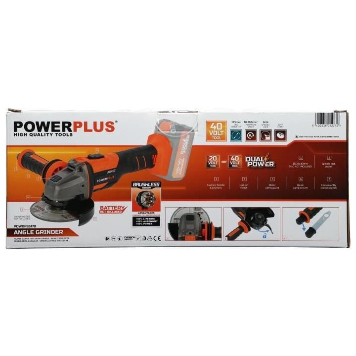 Meuleuse d'angle sans fil 40V 125mm BRUSLESS - DUAL POWER POWDP35170 -