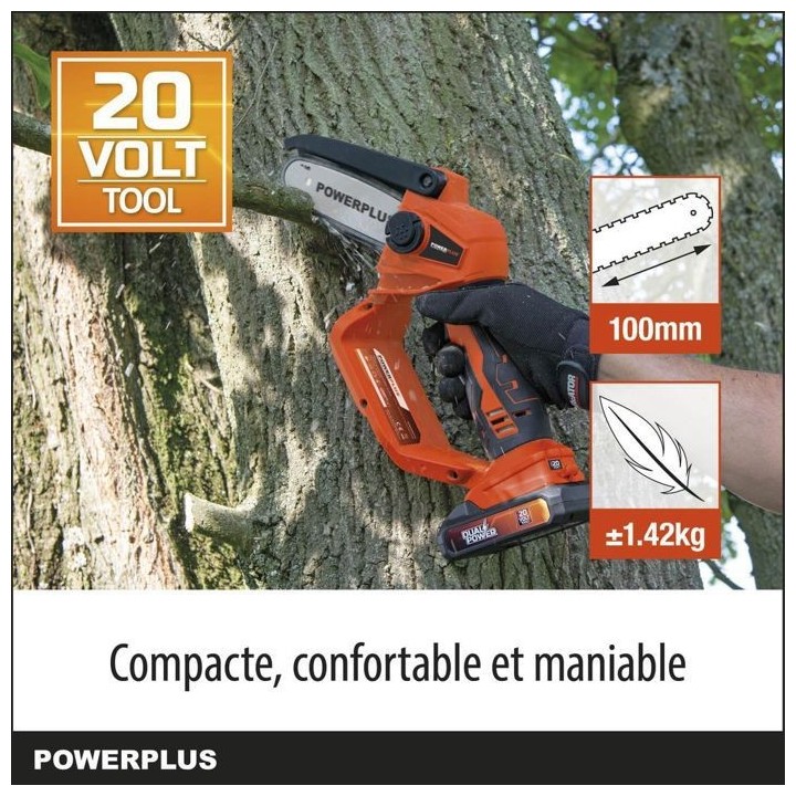Powerplus Dual Power Tronçonneuse a Batterie POWDPG7572, 20 V, Guide