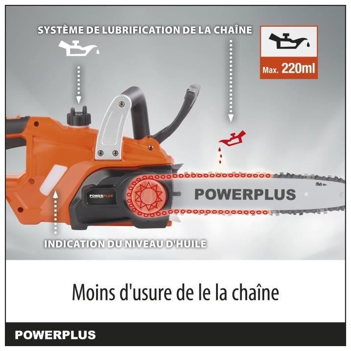 Powerplus Dual Power Tronçonneuse a Batterie POWDPGSET41 - 20 V, Guid