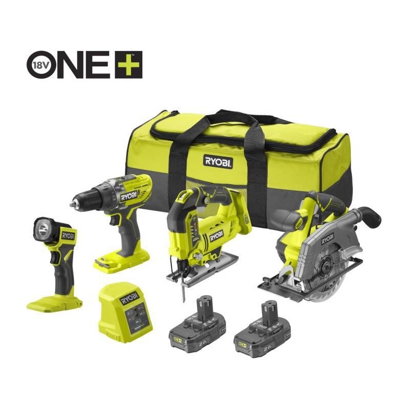 RYOBI Pack 4 outils : perceuse-visseuse, scie sauteuse, scie circulaire, lampe LED + 1 grand sac, 2 batteries 2 Ah + 1 chargeur