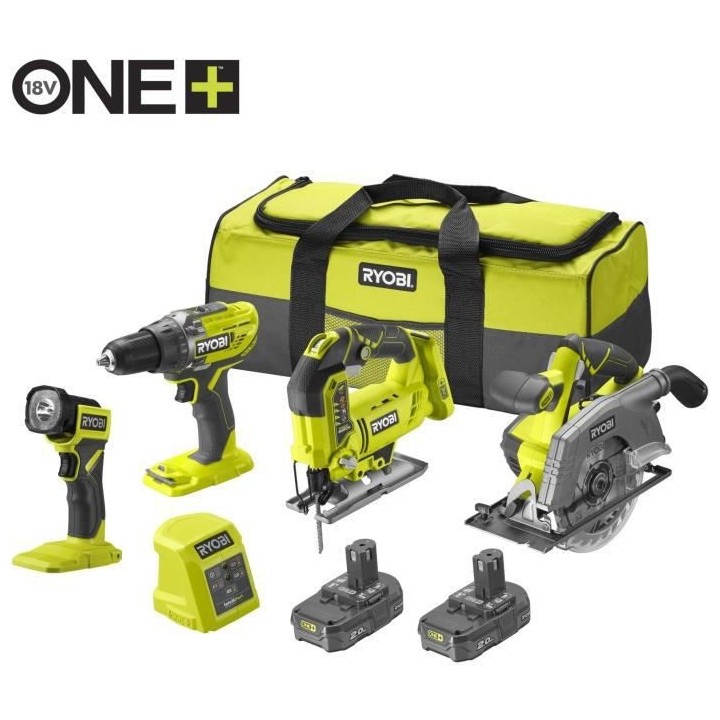 RYOBI Pack 4 outils : perceuse-visseuse, scie sauteuse, scie circulair