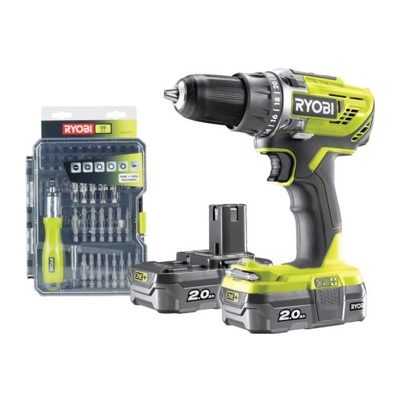 Perceuse Visseuse sans fil 18V RYOBI One+ R18DD3-220SA59 - 2 batteries de 2 Ah - 1 tournevis - cliquet + 58 acessoires - 1 sac