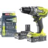 Perceuse Visseuse sans fil 18V RYOBI One+ R18DD3-220SA59 - 2 batteries de 2 Ah - 1 tournevis - cliquet + 58 acessoires - 1 sac