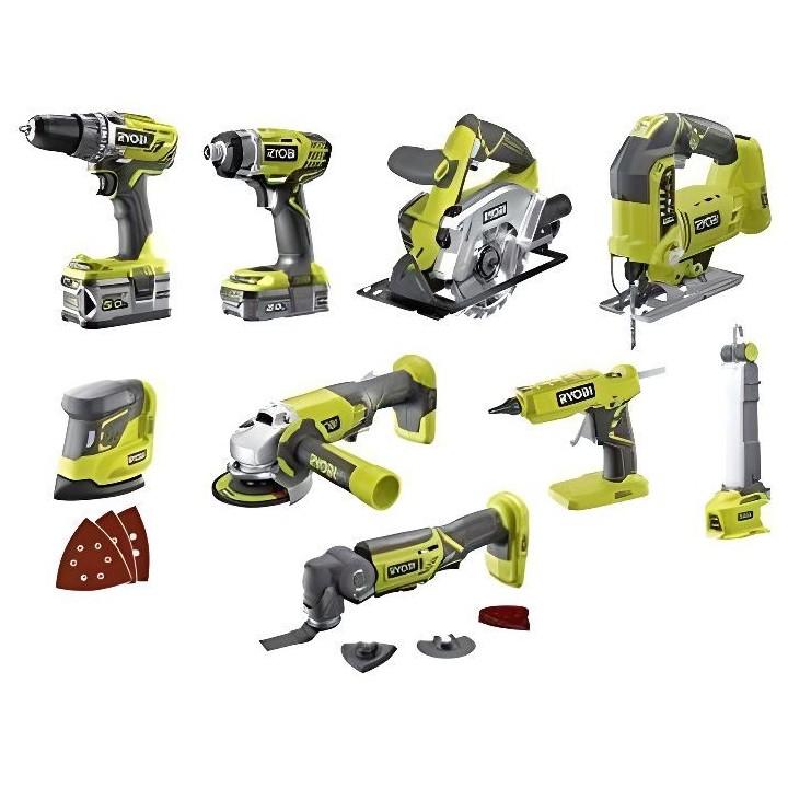 Combo 9 outils: perceuse, visseuse a chocs, scie sauteuse, meuleuse...