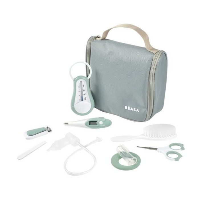 BEABA, Trousse de toilette bébé, nomade, 9 accessoires, vert sauge