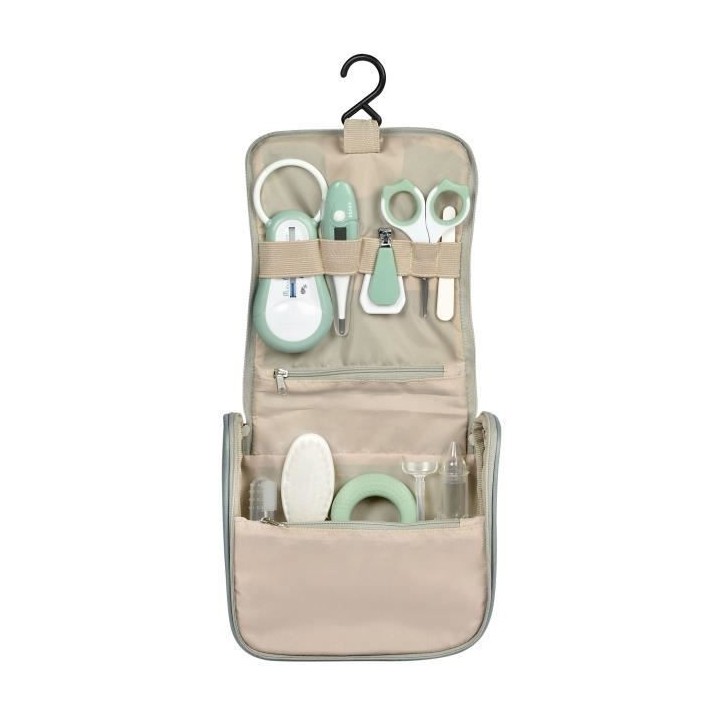 BEABA, Trousse de toilette bébé, nomade, 9 accessoires, vert sauge