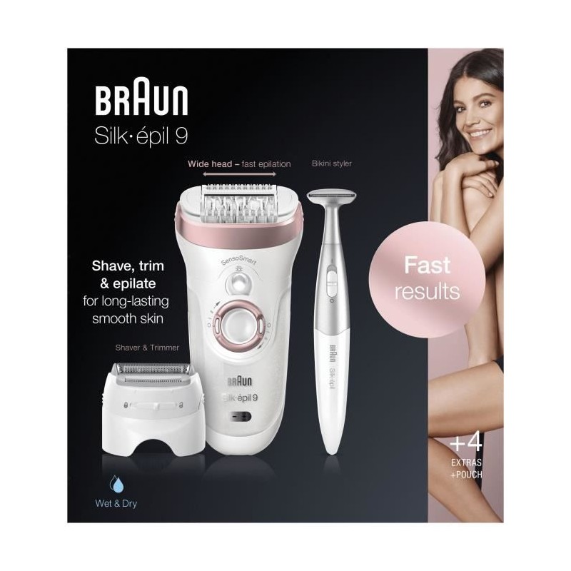 Braun Silk-épil 9 Épilateur Électrique Femme, Une Épilation Longue Durée Blanc/Or Rose, Épilation Sans Fil Wet?&?Dry, 9-8