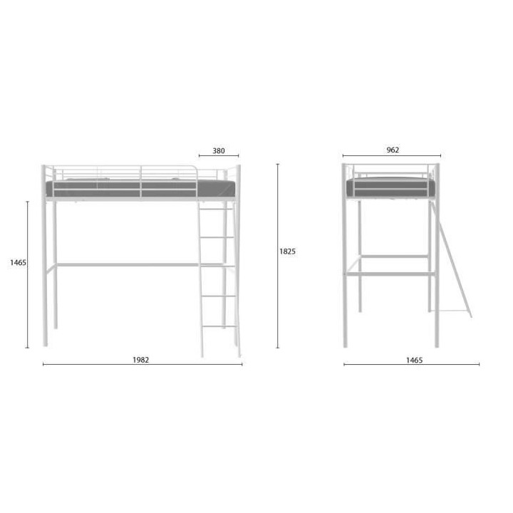 Lit mezzanine ELIOT 90 x 190 cm - Métal - Sommier inclus - Blanc