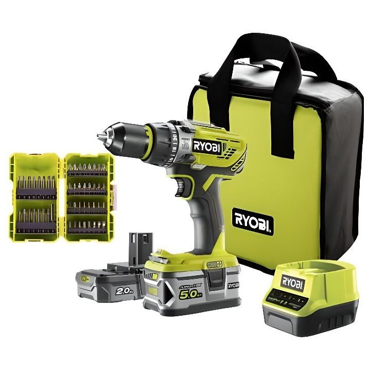 Perceuse-visseuse a percussion 18V - 2 batteries 5 et 2 Ah - chargeur